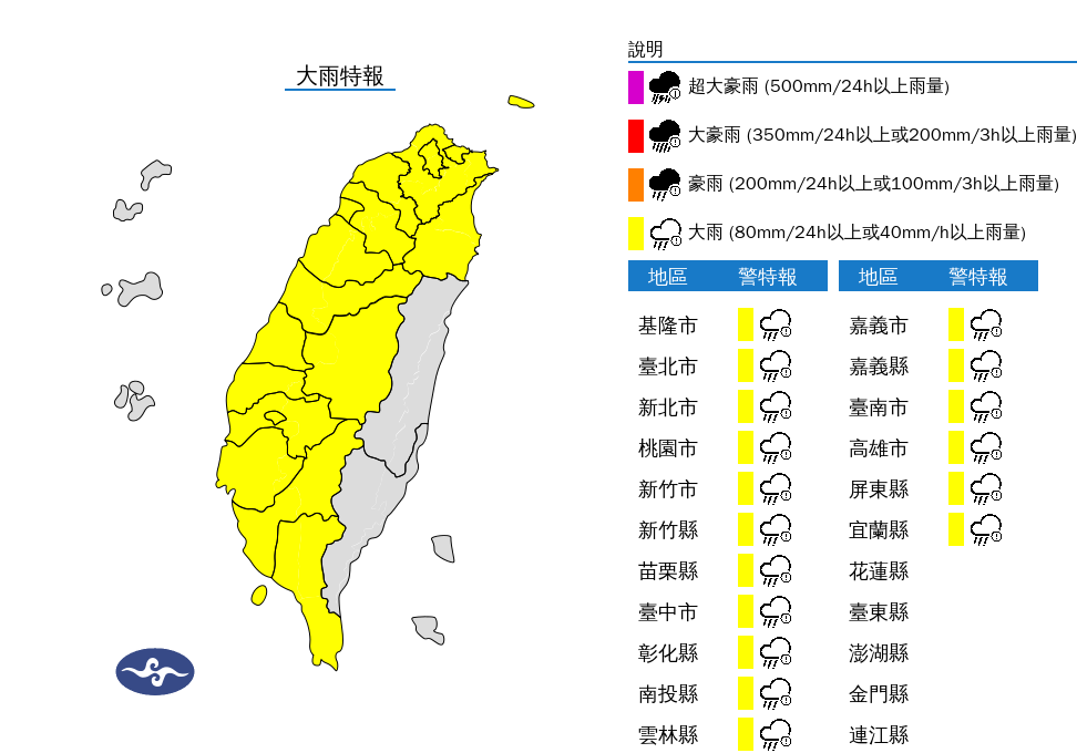 氣象署對17縣市發布大雨特報。 圖：翻攝自中央氣象署官網