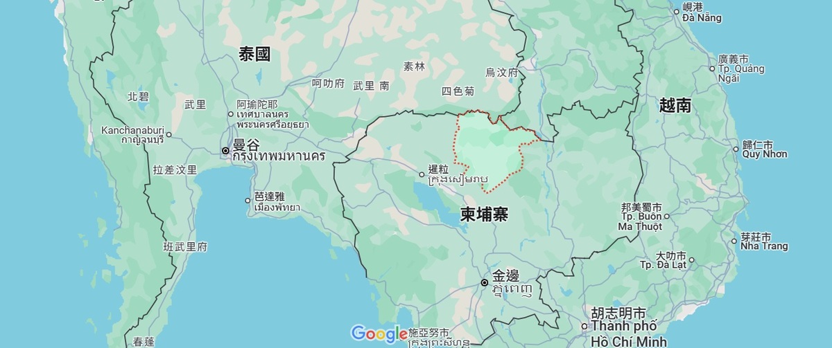 柬埔寨北部柏威夏省（紅色線段框起處），傳遭泰國無人機人侵。 圖：截取Google Map