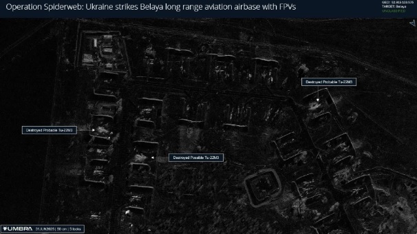 烏軍透過此次行動成功損毀大量俄軍轟炸機，重挫俄軍的遠程打擊能力。圖為貝拉亞基地中被炸毀的圖-22M3 轟炸機位置。 圖：翻攝自 騰訊網 邊解感