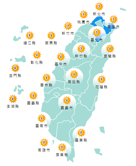氣象署發布各地紫外線指數預報概況。 圖：氣象署提供