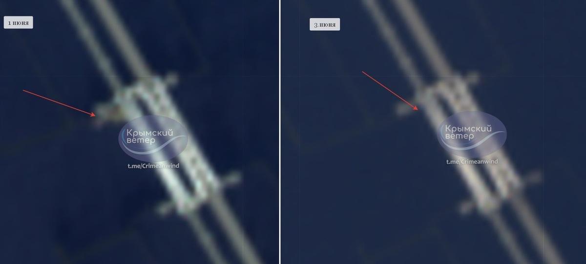 當地時間 1 日與 3 日拍攝的衛星照片顯示，爆破事件發生後，橋墩處明顯缺了一大塊。 圖：翻攝自 @Maks_NAFO_FELLA X 帳號