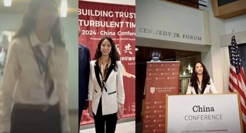 哈佛中國女蔣雨融被揭露就是去年將台裔美籍學生吳亭樺等人拖走的幕後盯場人之一。 圖：翻攝自YouTube