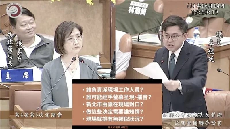 卓冠廷質詢新北市文化局長張䕒育。 圖：卓冠廷提供