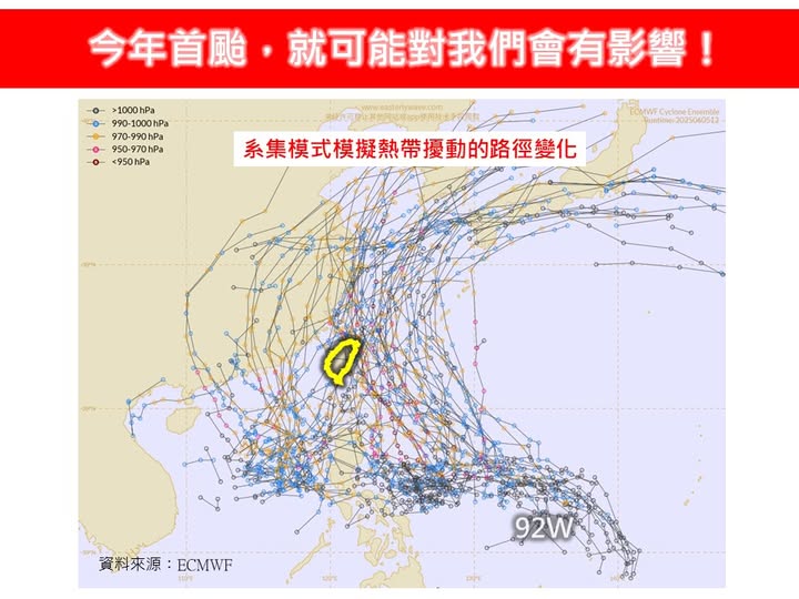 位於菲律賓東部外海的92W，若生成颱風，也會非常靠近東部外海，甚至陸地。 圖：翻攝自林老師氣象站臉書