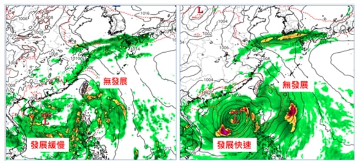 吳德榮表示，最新(7日20時)歐洲模式(ECMWF)週四(12日)8時模擬圖顯示，原掠過台灣東北部海面的熱帶擾動無發展，南海的熱帶擾動發展緩慢(左圖)。美國模式(GFS)週四(12日)8時亦有類似模擬，但南海的擾動發展快速(右圖)。 (圖擷自tropical.tidbits)