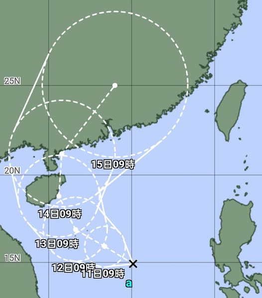 目前位於南海的熱帶擾動92W，接下來將逐漸增強並朝海南島方向前進，星期五將轉北北東往東北，以熱帶低壓或颱風的強度進入廣東至福建一帶陸地。 圖：翻攝自觀氣象看天氣臉書