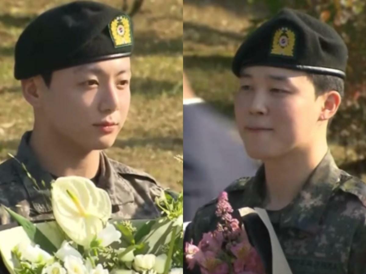 今(11)日BTS成員田柾國（左）、Jimin正式退伍。 圖：翻攝自MBCNEWS YT頻道