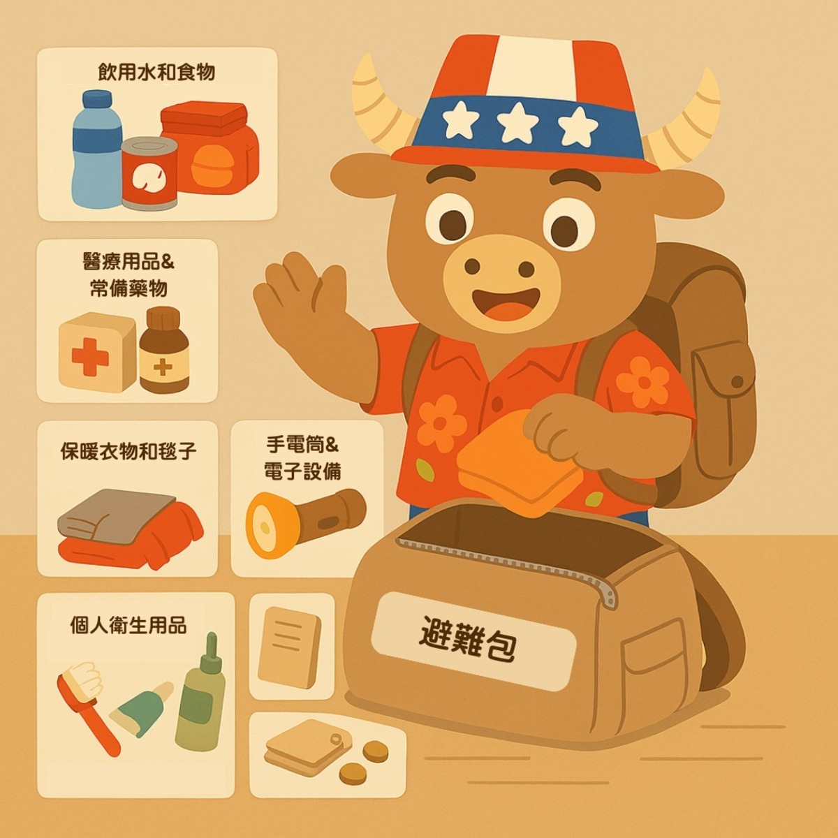 AIT高雄分處提醒民眾提早準備避難包，並由吉祥物阿米牛示範內容，強調防災意識。 圖：翻攝自AIT高雄分處