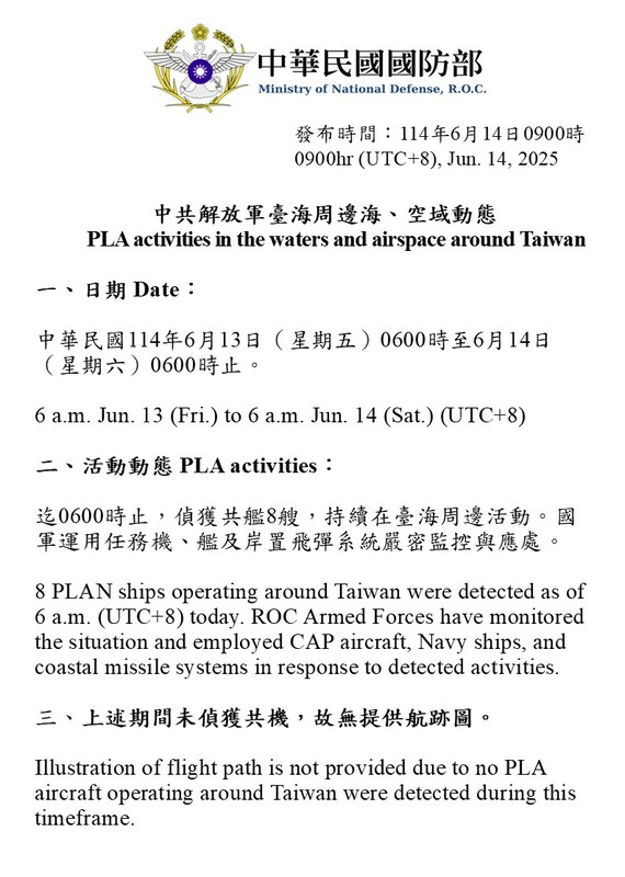 國防部14日公布共機、共艦活動情形 圖：國防部提供