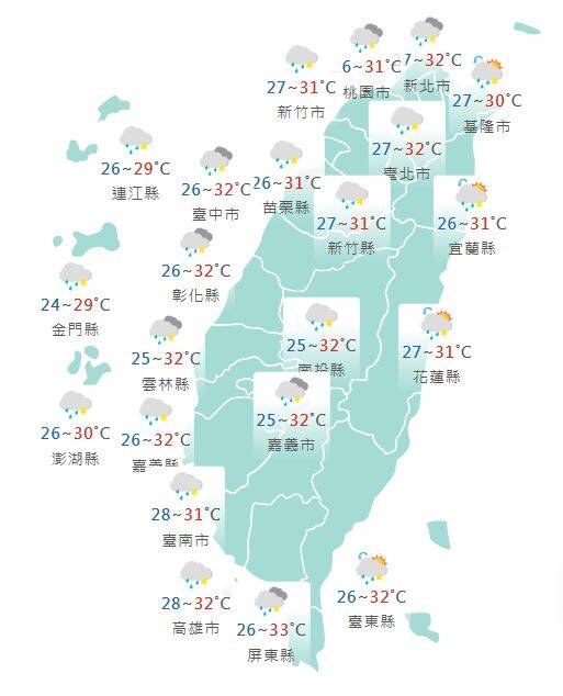 氣象署公布各地天氣預報概況。 圖：氣象署提供