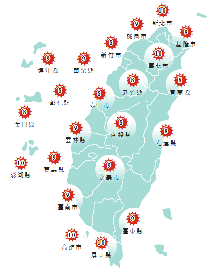 氣象署發布各地紫外線指數預報概況。 圖：氣象署提供