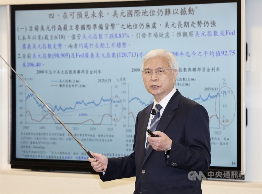 中央銀行19日召開2025第2季理監事會議，會後由央行總裁楊金龍（圖）主持記者會，宣布利率政策按兵不動連5凍，並分析國際貨幣趨勢展望。中央社記者郭日曉攝  114年6月19日 圖：中央社提供
