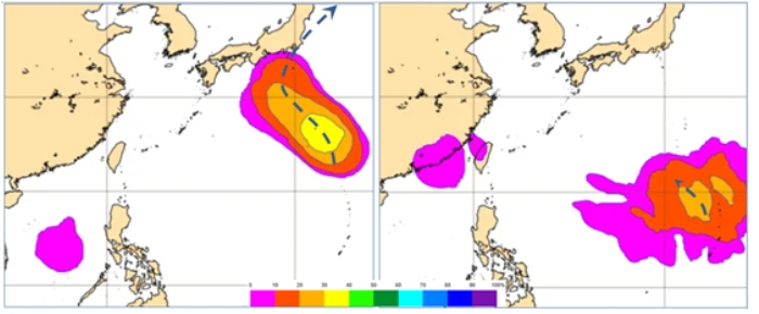 左圖：最新(21日20時)歐洲系集模式(ECMWF)，24日20時機率模擬圖顯示，關島北方海面的「熱帶擾動」逐漸發展(「輕颱」機率最高、達40%)，其路徑為向日本逼近、再向東北大迴轉減弱遠離。右圖：30日20時機率模擬圖顯示，關島附近另有「熱帶擾動」發展(「輕颱」機率已達30%)，離台灣還很遠。 圖/取自「氣象應用推廣基金會」