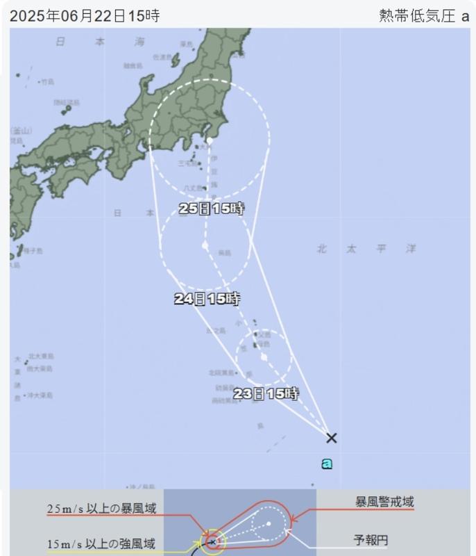 日本南方海面的95W增強為熱帶性低氣壓，且持續朝西北移動，預估24小時內形成颱風「聖帕」。 圖：翻攝自日本氣象廳