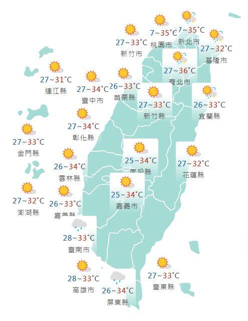 氣象署公布各地天氣預報概況。 圖：氣象署提供