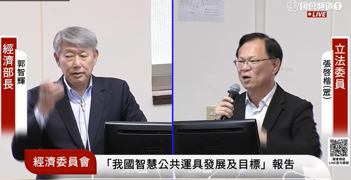 民眾黨立委張啟楷就大樹光電案爭議質詢經濟部長郭智輝。 圖：擷取自國會頻道