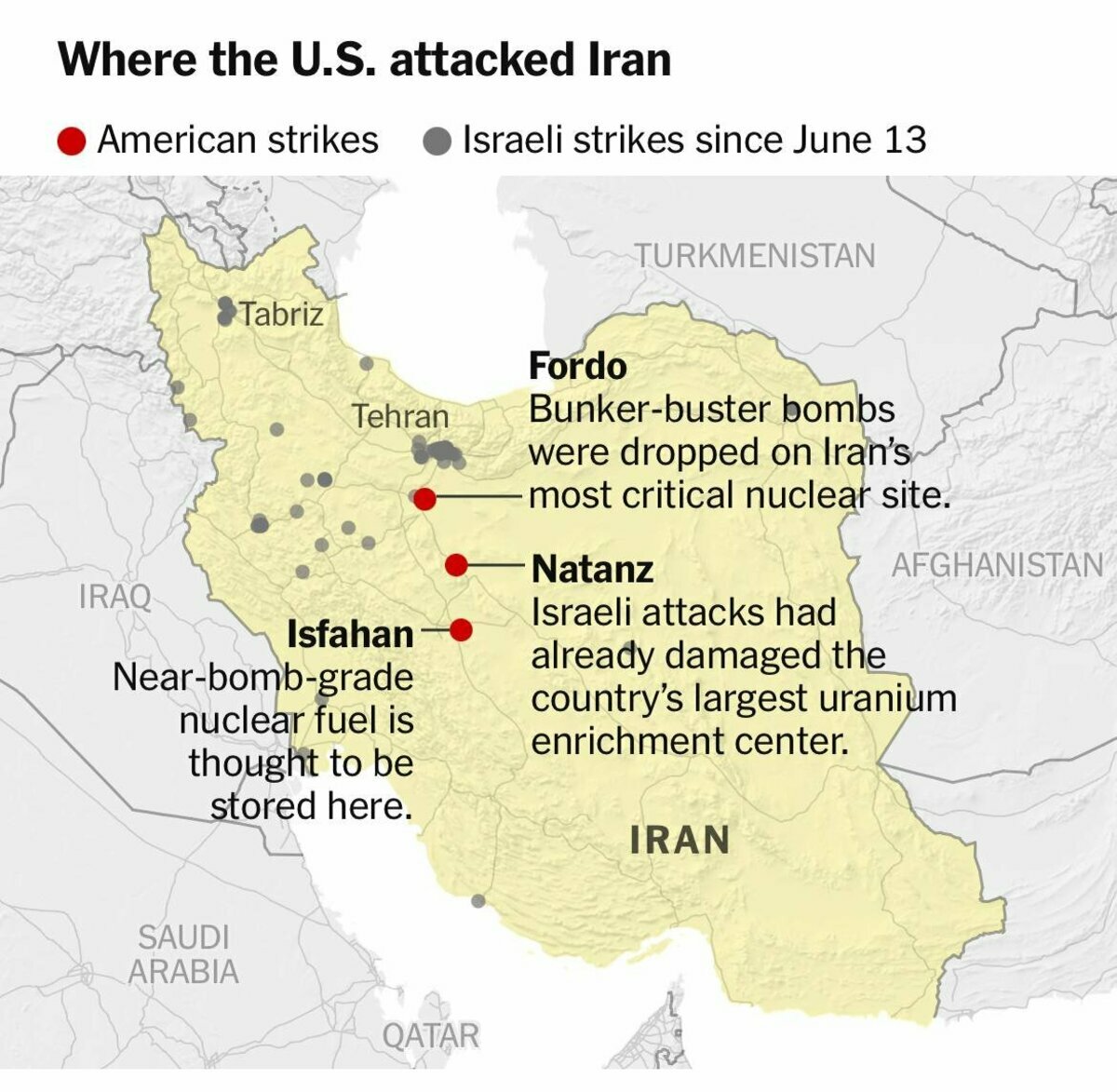 美軍大力轟炸伊朗境內福爾多（Fordow）、納坦茲（Natanz）、伊斯法罕（Isfahan）3 大核設施。 圖：擷取自 NOELREPORTS 的 X