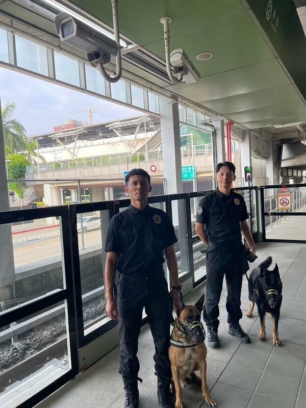 台中市警犬隊的2隻偵爆犬Audi（後）與Ninja（前）光榮退役，市警局23日公布，2犬分別由來自宜蘭與桃園的熱心民眾認養，將安享退休生活。（警方提供）中央社記者郝雪卿傳真  114年6月23日