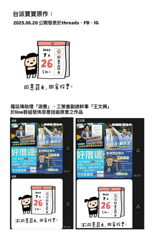 繪製的圖像竟遭人擅自進行內容改作，將原始圖像中「同意罷免」的訴求，惡意重製為「不同意罷免」，並轉製為政治圖卡。 圖：翻攝台派寶寶Threads