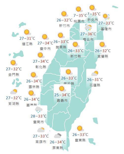 氣象署公布各地天氣預報概況。 圖：氣象署提供