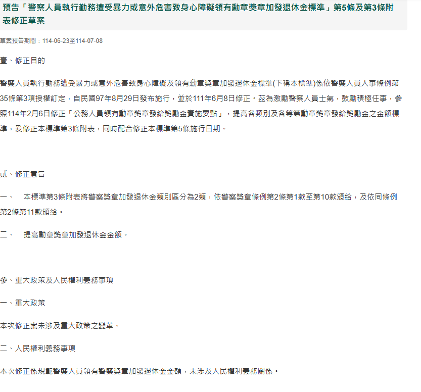 內政部警政署6/23預告「警察人員執行勤務遭受暴力或意外危害致身心障礙領有勳章獎章加發退休金標準」第5條及第3條附表修正草案。 圖：擷自內政部官網