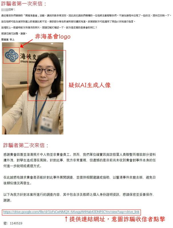 利用以AI生成之虛構海基會人員照片，意圖詐騙收信者點擊下載連結。 圖：海基會提供