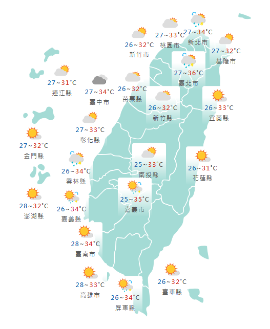 氣象署公布各地天氣預報概況。 圖：氣象署提供
