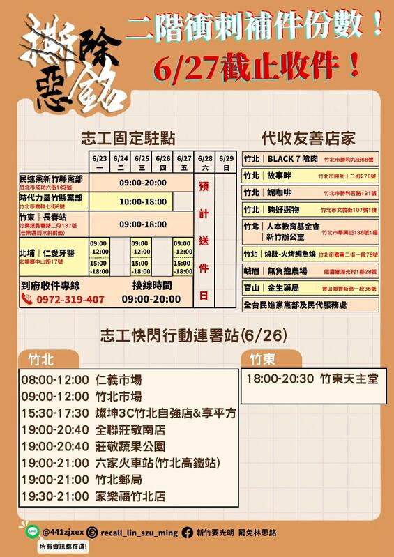 「撕除惡銘」二階補件最後衝刺，各收件地點到6/27截止。 圖：取自「新竹要光明 罷免林思銘」臉書