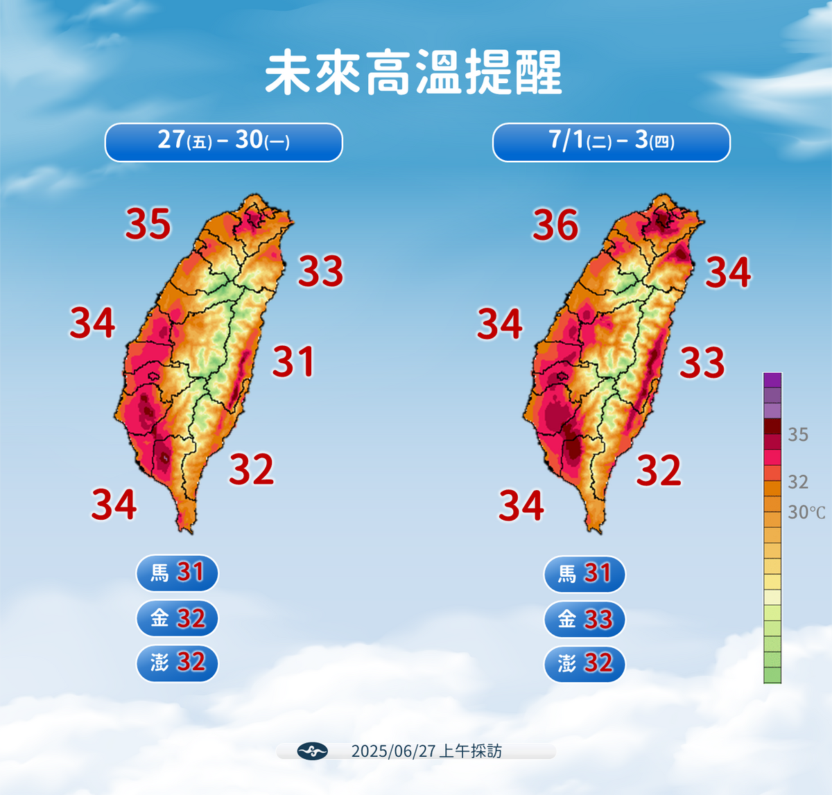 氣象署預估，今起至7月3日，白天高溫普遍落在32至35度之間，北部局部地區甚至可能飆至36度，濕熱天氣型態將持續數日。 圖：氣象署 ／ 提供
