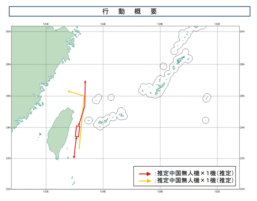 日本防衛省統合幕僚監部訊息，26日上午、下午，各有1架次中國無人機在東海與太平洋間活動。結合國防部訊息，確認1架次無人機「繞台」飛行。 圖：翻攝mod.go.jp