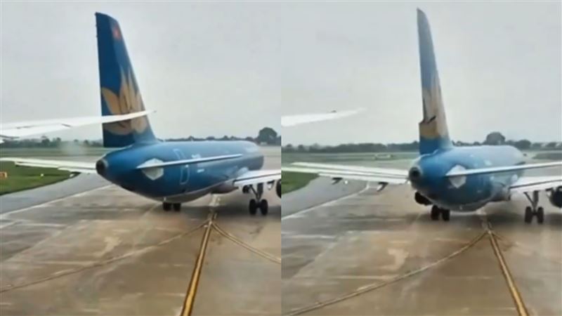 越航的波音787-9夢幻客機的機翼撞上空中巴士A321客機機尾垂直尾翼。 圖：翻攝自 X