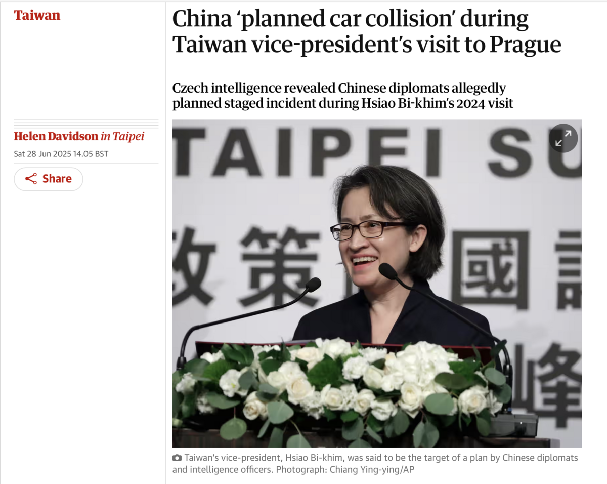 英國《衛報》 將此事件置於首頁，並以「中國預謀撞車」為題大幅報導，形容此舉已非外交手段，而是赤裸的威脅與脅迫。 圖：翻攝自 衛報 網站 截圖