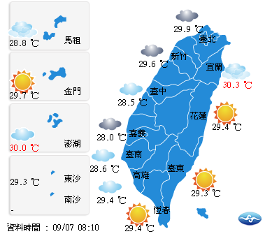 今天白天高溫約攝氏32到35度，台灣中南部、台東及澎湖、金門、馬祖地區仍有可能下雨，午後北部、宜蘭地區及其他山區也會有局部雷陣雨發生，各地雨勢有時會較大。氣象局提醒，出門請記得攜帶雨具備用。 圖：翻攝自中央氣象局網站