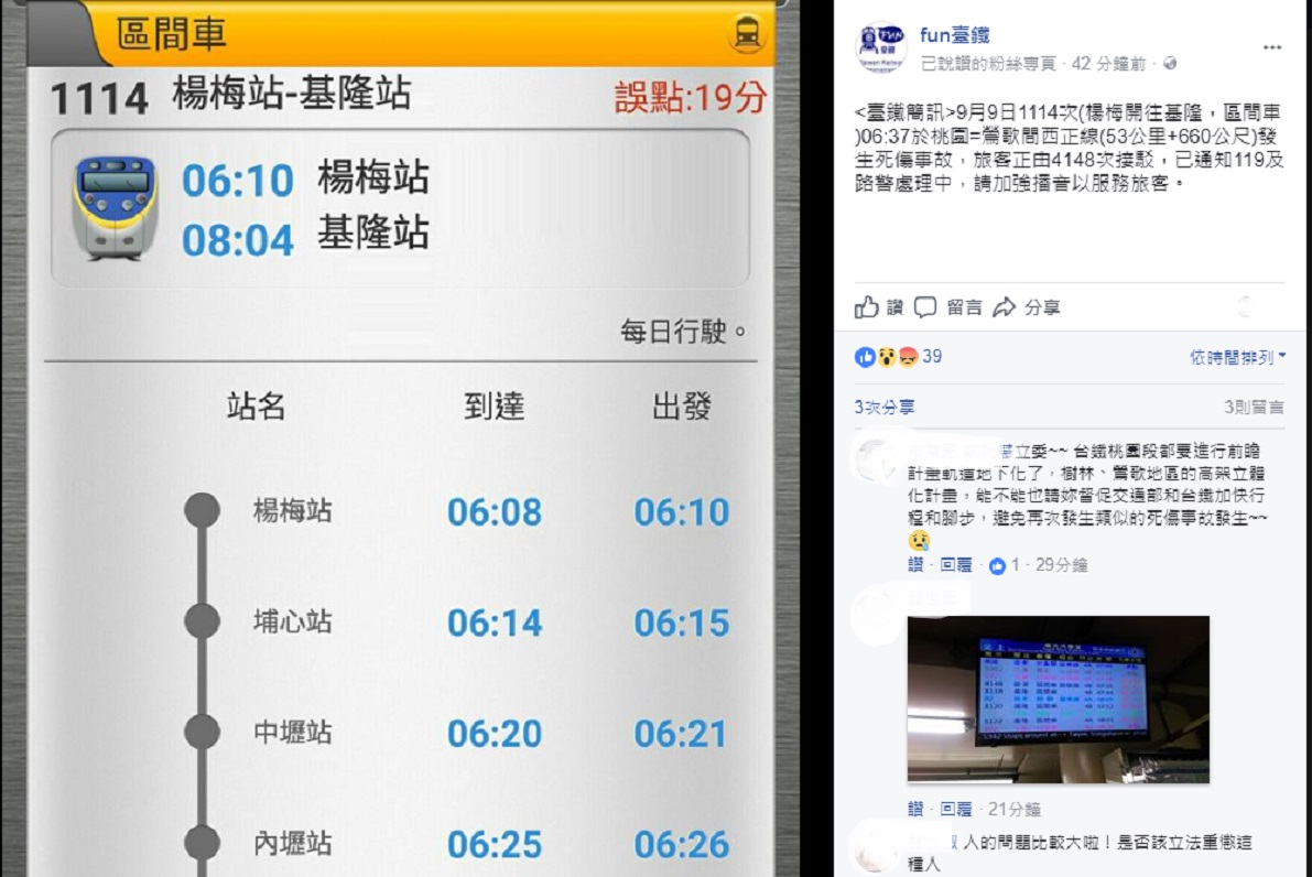 台鐵鶯歌桃園段行人遭撞亡。 翻攝自fun臺鐵