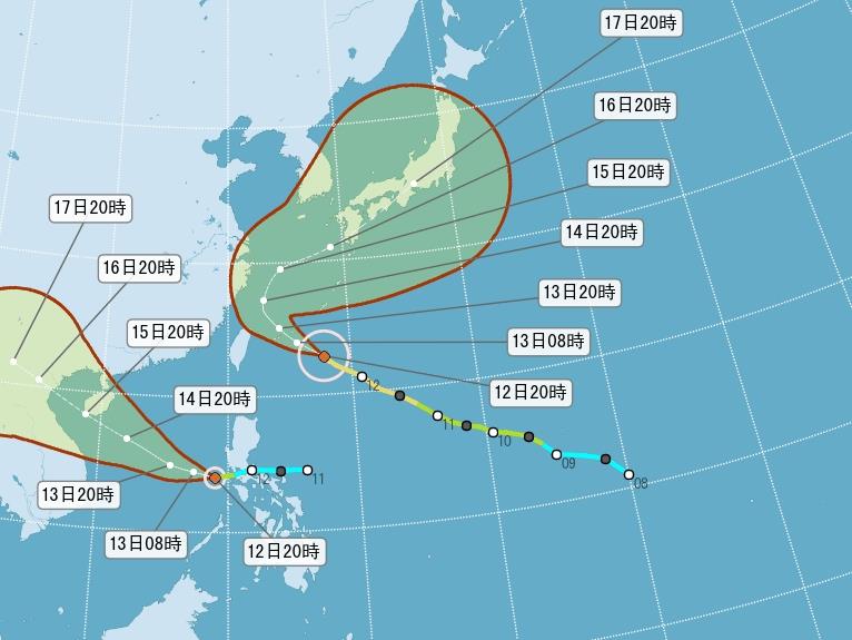 中颱泰利逐漸接近台灣，由於全台各縣市尚未進入颱風警戒區域，各縣市政府今晚陸續宣布，明(13)日正常上班、上課。 圖：翻攝中央氣象局