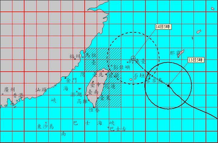泰利颱風路徑持續偏北，速度也放慢。中央氣象局今天清晨5時30分發布海上颱風警報，至於陸上颱風警報，最快可能延後到上午8時30分發布。但如果北轉角度持續增大，也不排除不發布陸上颱風警報。 圖：中央氣象局／提供
