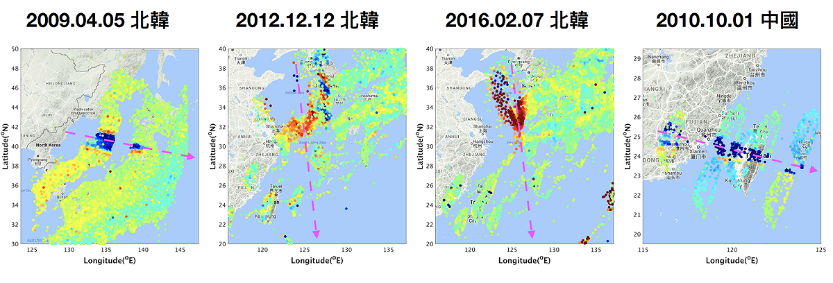 成大研究團隊成功監測到2009、2012、2016北韓火箭發射及2010中國嫦娥衛星發射產生的電離層擾動(藍、紅)。 圖：成功大學/提供