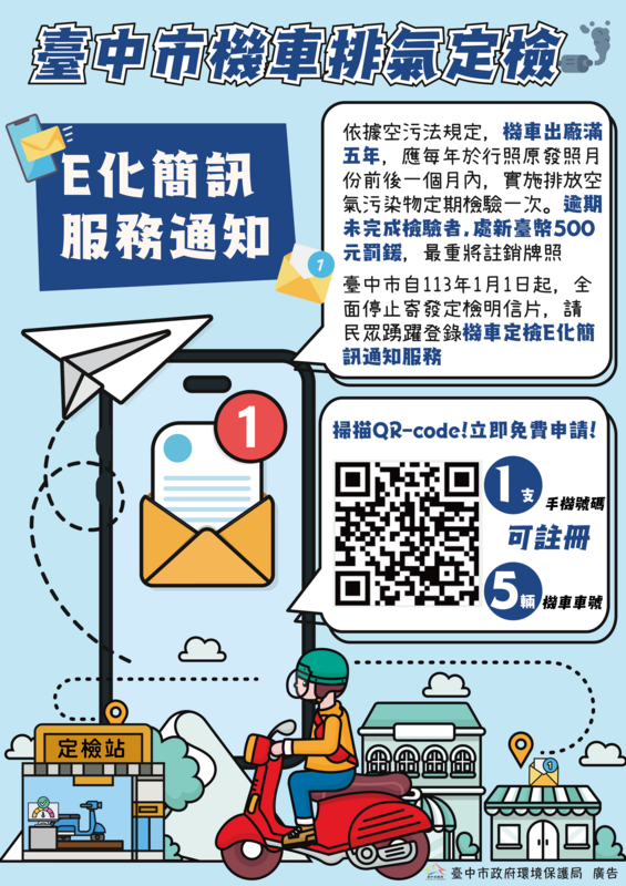 機車排氣定檢e化簡訊服務宣導。 圖：台中市環保局/提供