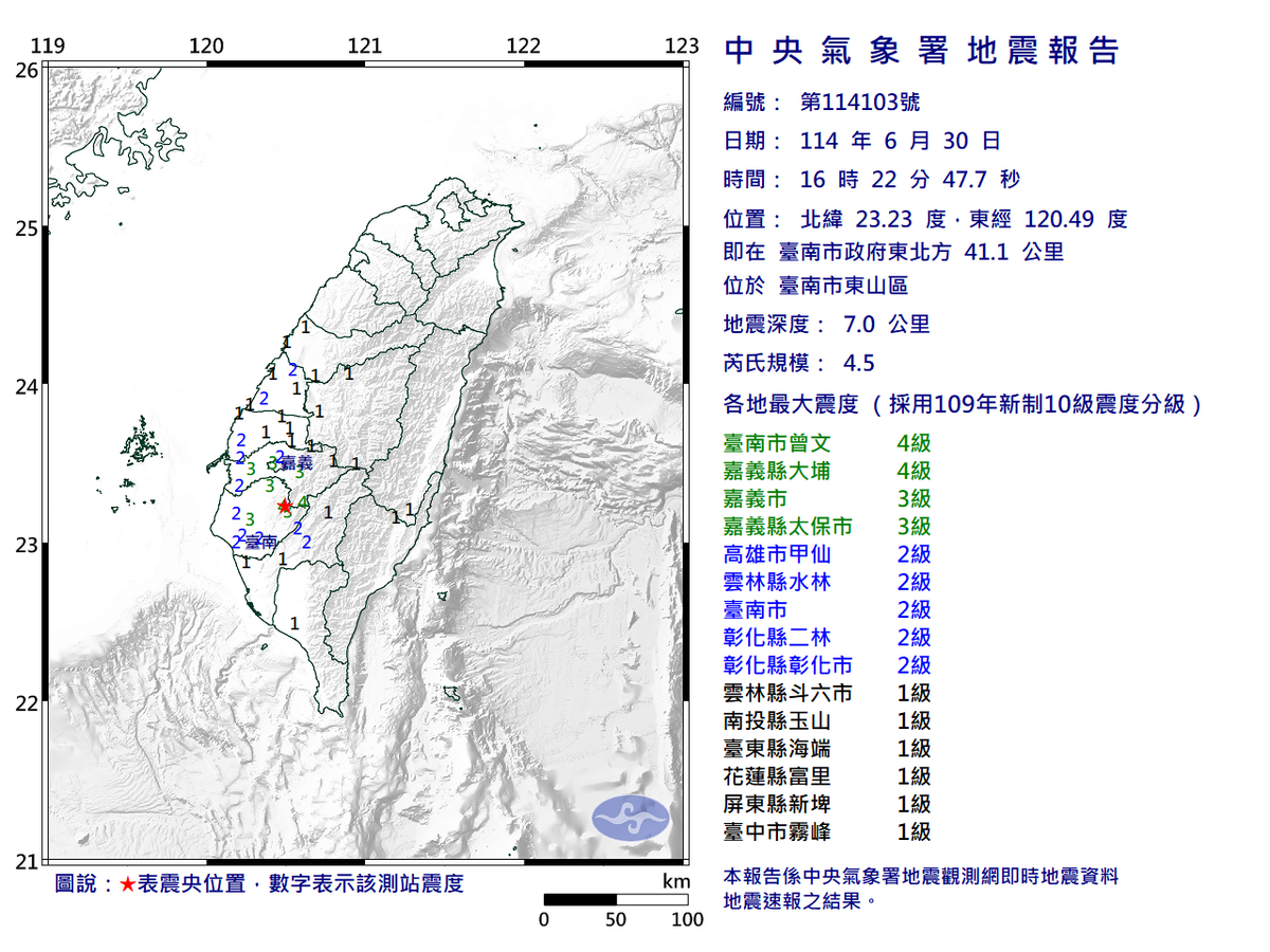 06/30-16:22臺南市東山區發生規模4.5有感地震 圖：中央氣象署