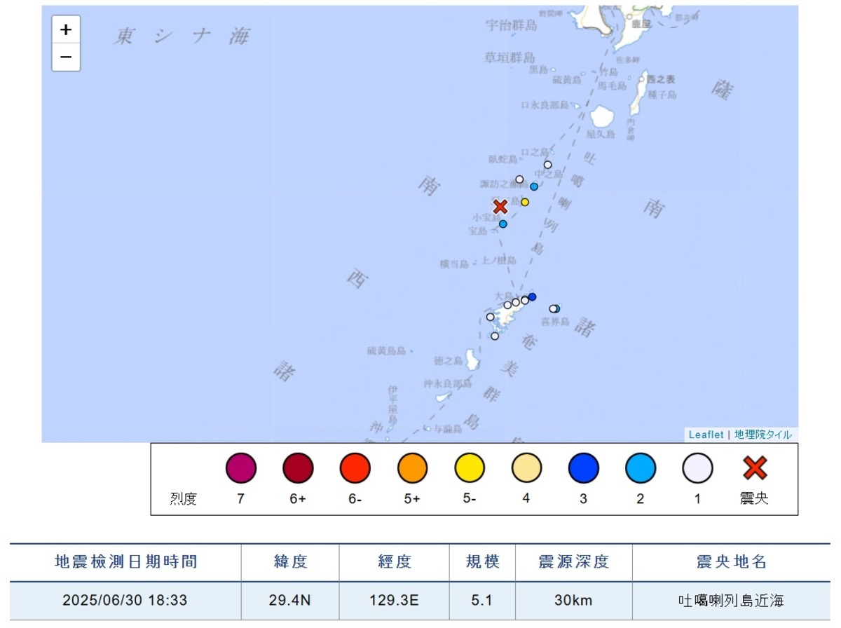 日本氣象廳30日下午6時33分測得震度「5弱」的強烈地震，震源位於吐噶喇列島近海，震源深度約30公里，地震規模為芮氏5.1。 圖：翻攝data.jma.go.jp