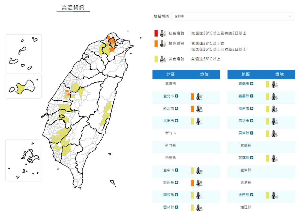 氣象署今日上午對14縣市發布高溫特報。 圖：翻攝自中央氣象署