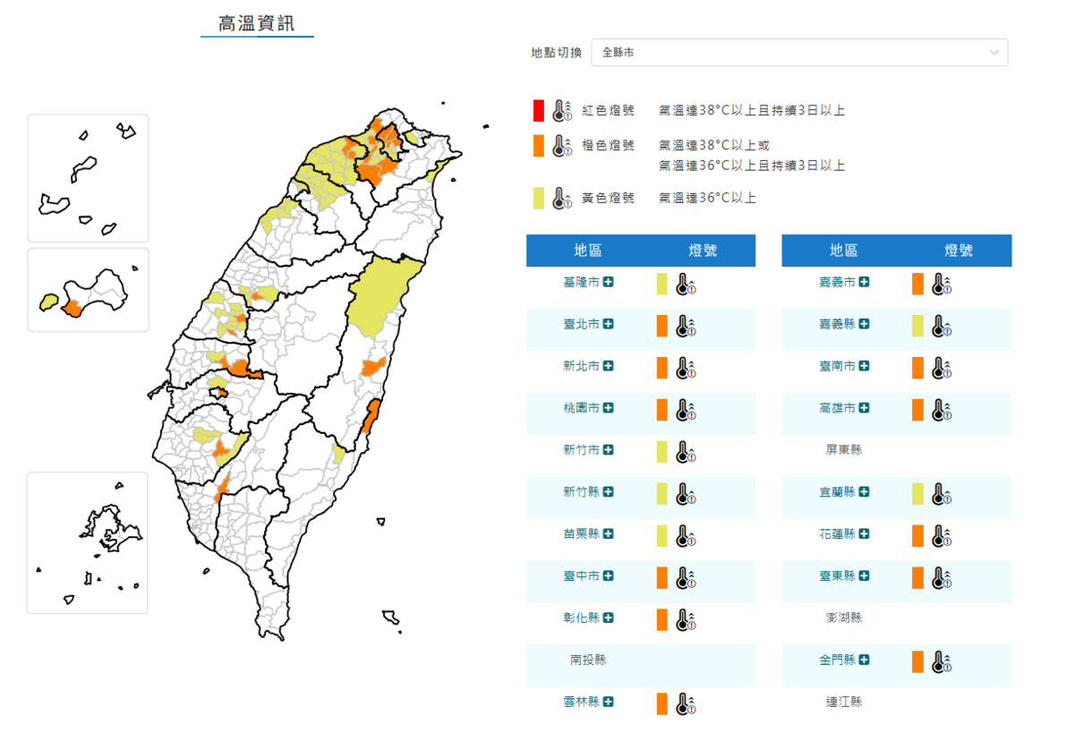 今日氣象署對全台18個縣市發布高溫特報。 圖：翻攝自中央氣象署