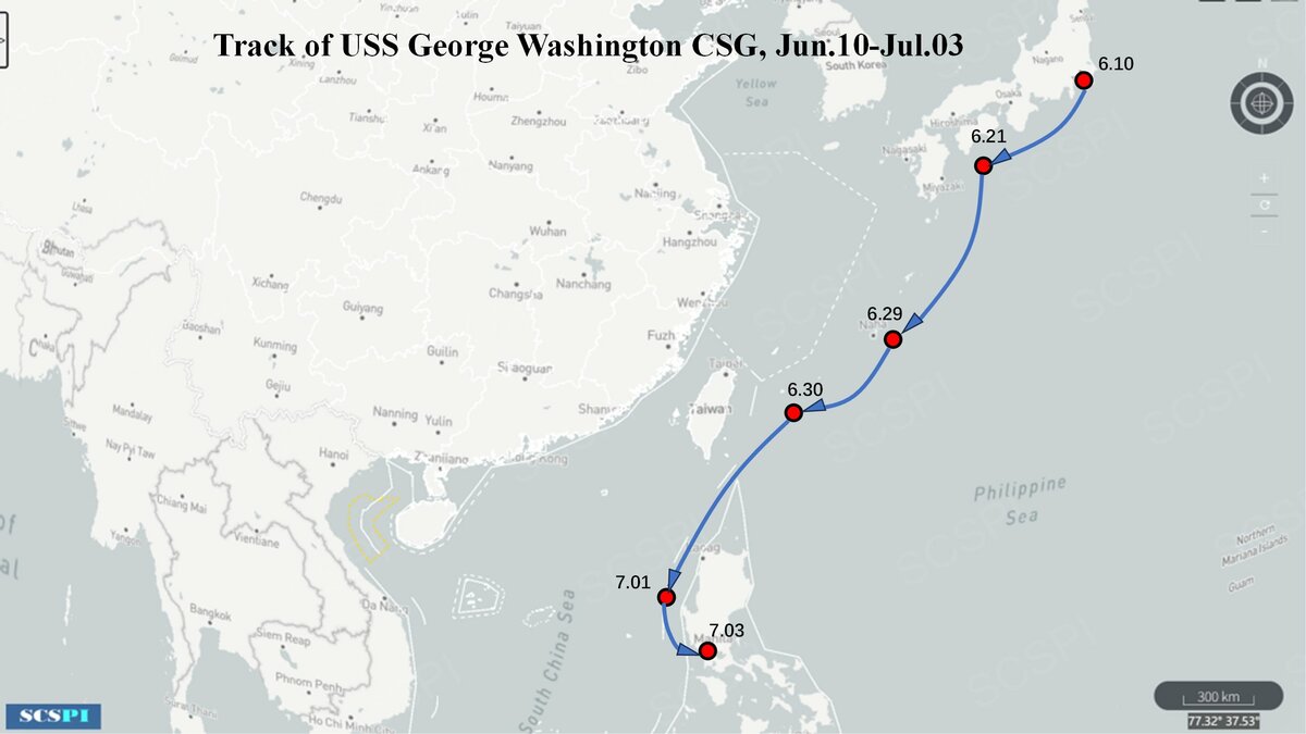 中國半官方智庫「南海戰略態勢感知」PO出航跡圖，稱美國海軍「華盛頓號（CVN-73）」航空母艦，「拐進」菲律賓中部海域的塔布拉斯海峽。 圖：翻攝「X」@SCS_PI