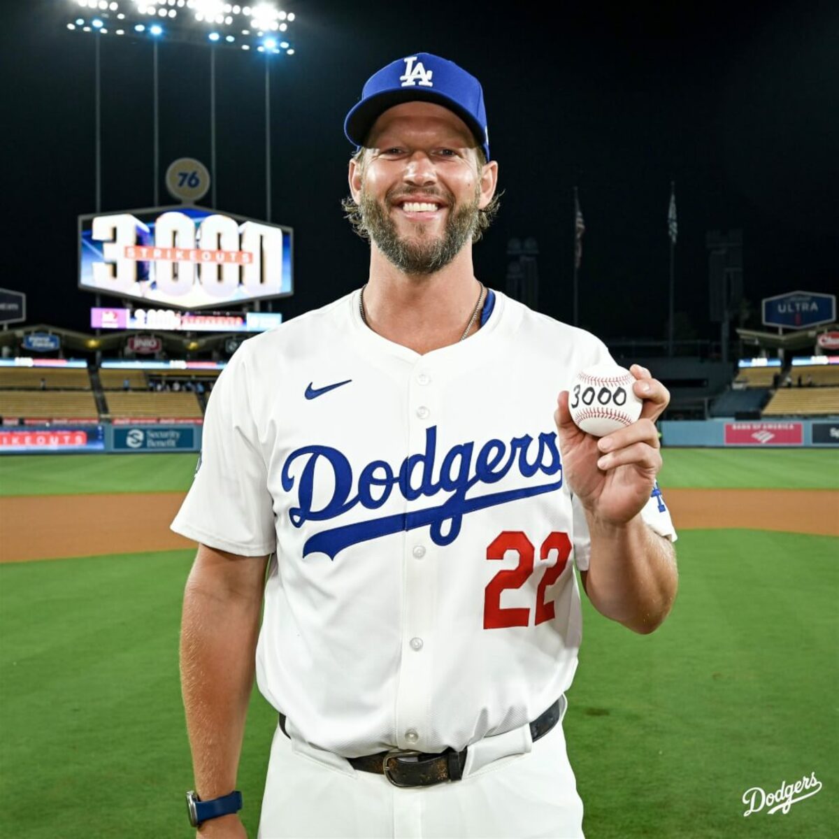 MLB洛杉磯道奇投手柯蕭2日成為大聯盟歷史上第20位達成生涯第3000次三振的投手。（圖取自x.com/dodgers）