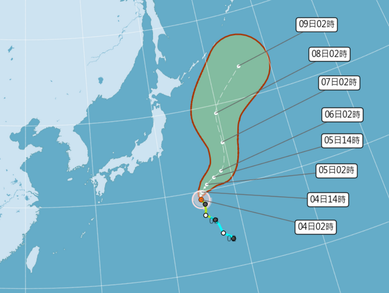 輕度颱風木恩中心距離台灣超過2000公里，向北北西轉北進行，對台灣無直接影響。 圖：氣象署提供
