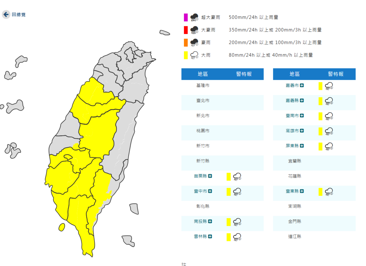 氣象署對中南部10縣市發布大雨特報。 圖：翻攝自中央氣象署