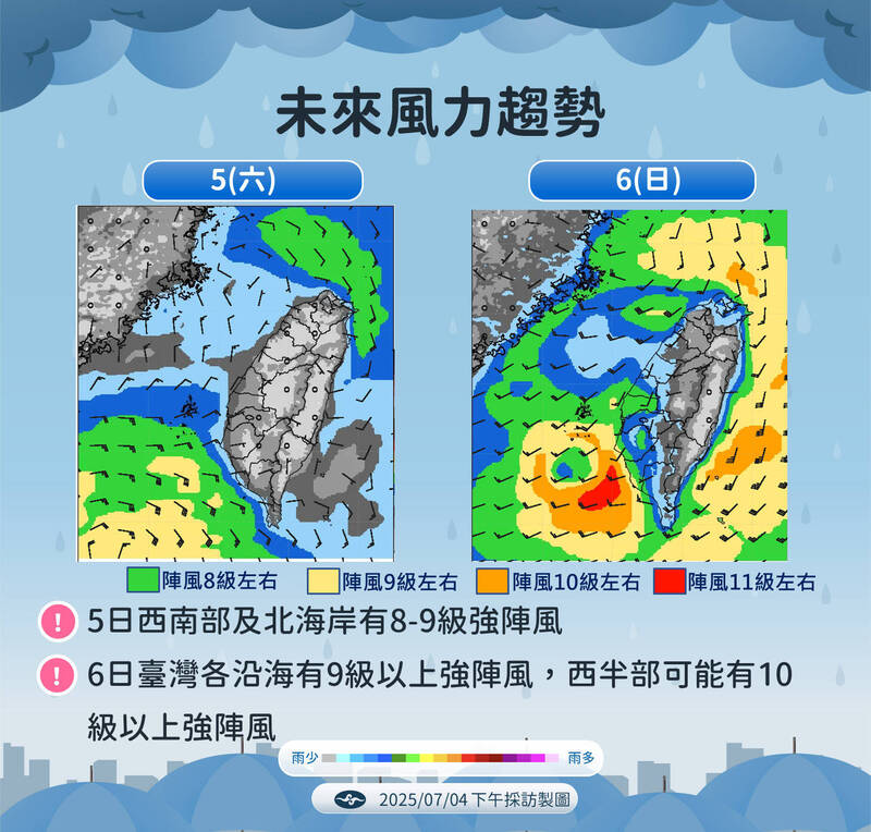 週末風力趨勢一圖看。 圖：中央氣象署／提供