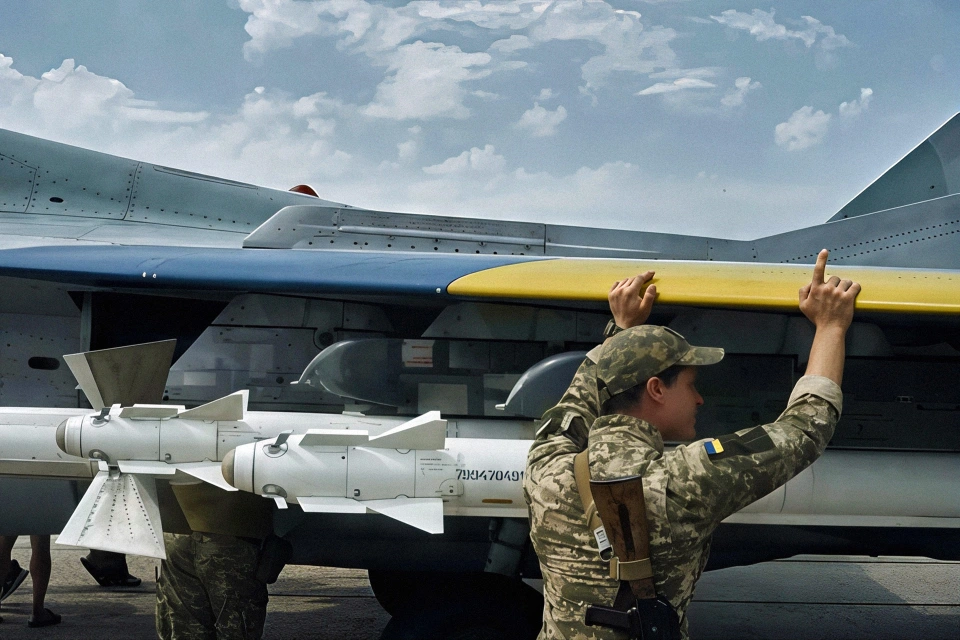 掛載在烏軍 Mig-29 戰鬥機翼下的導彈。 圖：翻攝自 騰訊新聞/溪畔茗談