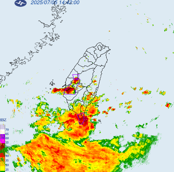 並對彰化縣、南投縣、雲林縣、屏東縣、台東縣發布大雷雨即時訊息。 圖：取自中央氣象署