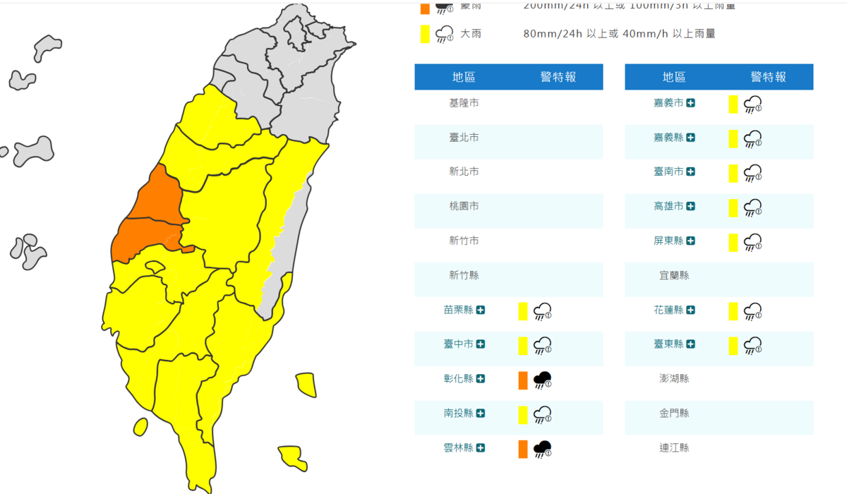 今(5)日氣象署對全台12縣市發度豪大雨特報。 圖：翻攝自中央氣象署